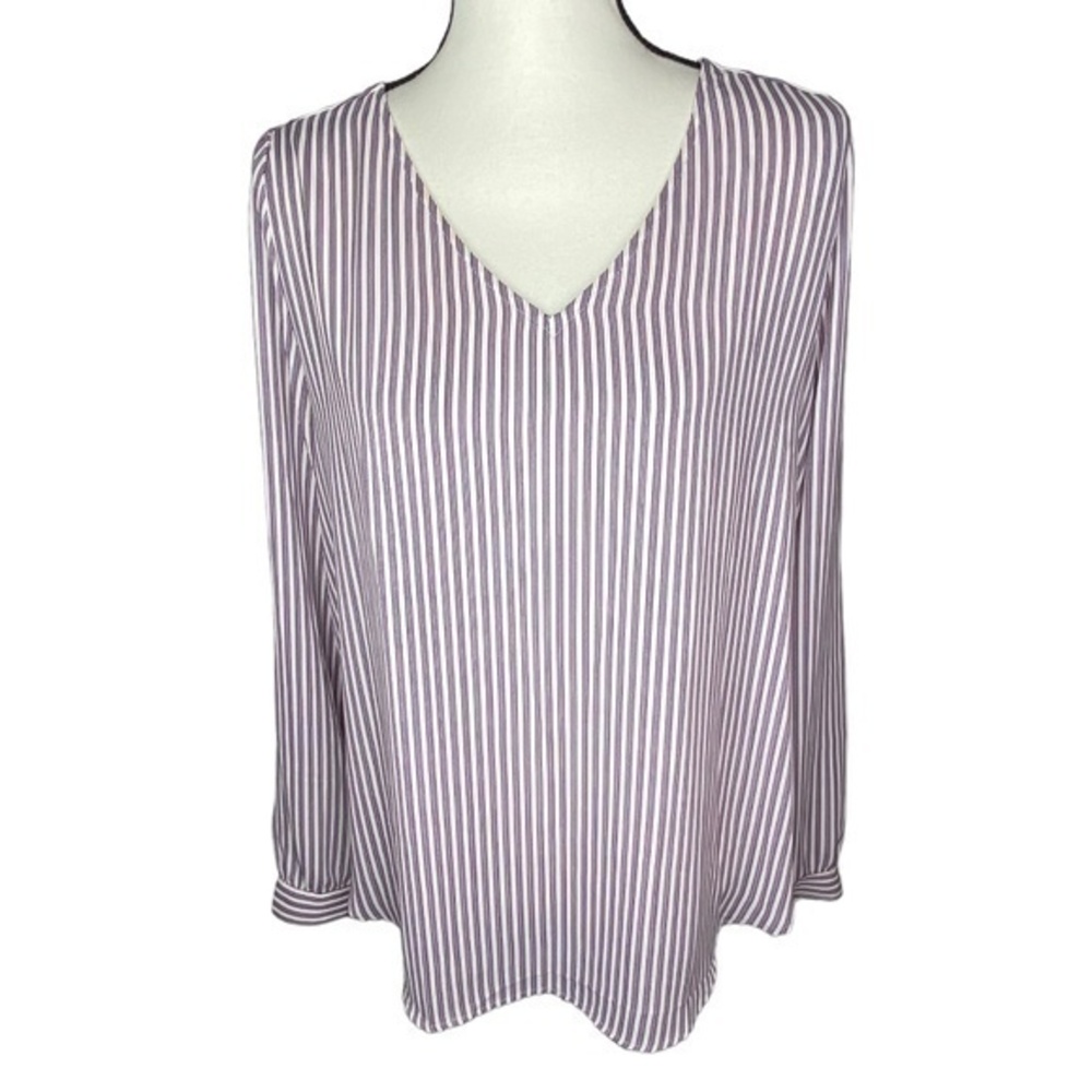 LOFT Blouse Top White Blue Burgundy Striped V Neck Long Sleeve Size M